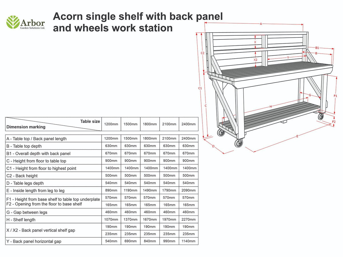Acorn Wooden Workbench With Back Panel and Wheels - SGP Garden Ltd