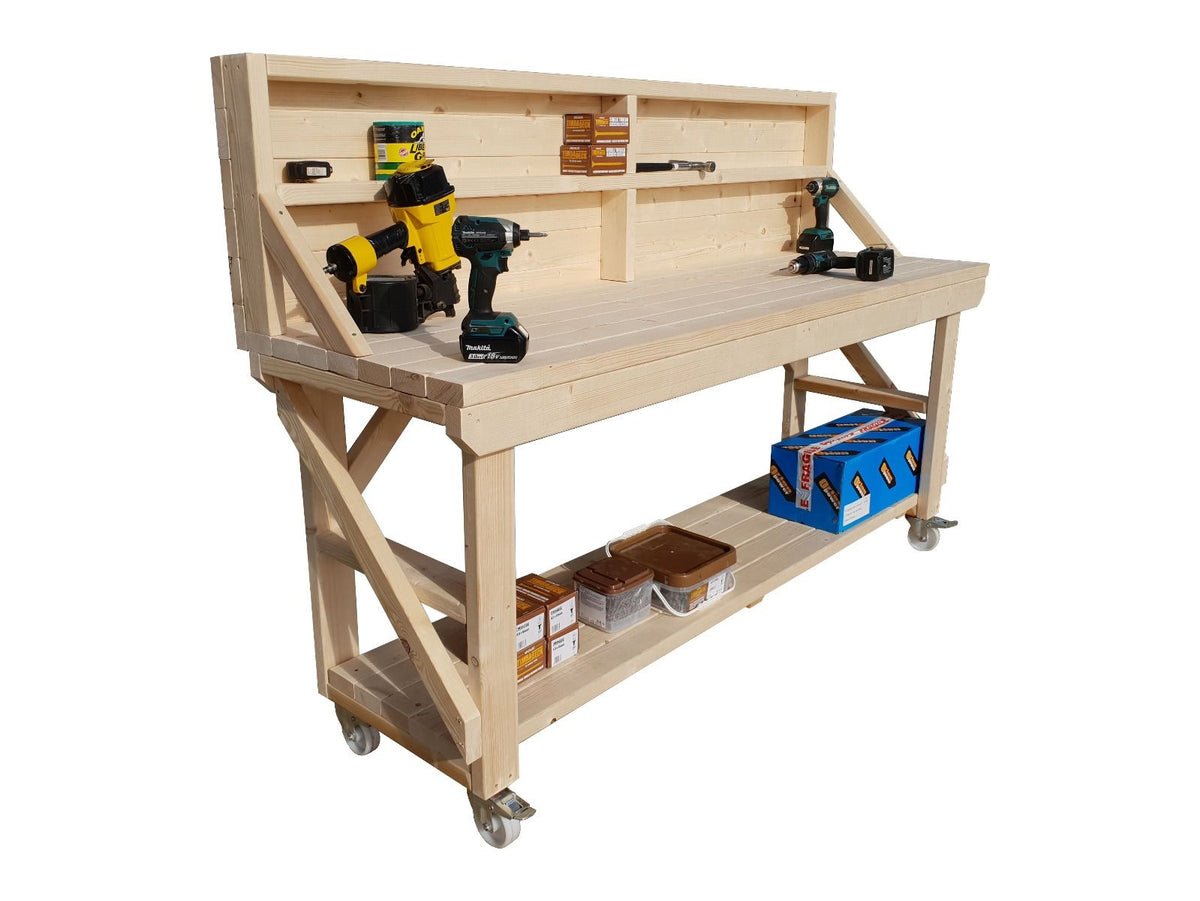 Acorn Wooden Workbench With Back Panel and Wheels - SGP Garden Ltd