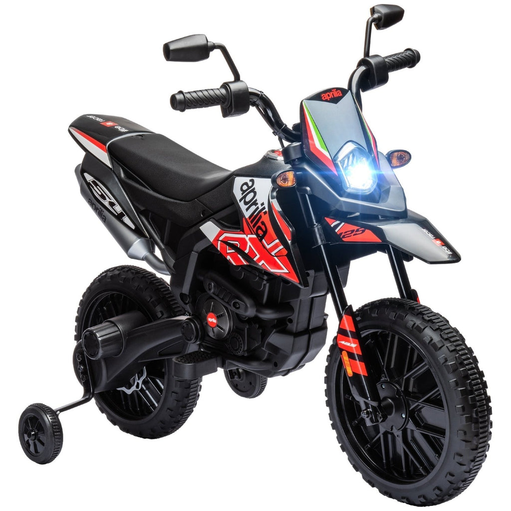 AIYAPLAY 12V Aprilia Licenced Kids Motorbike with Training Wheels, Spring Suspension, LED Light, USB, Music, Red - SGP Garden Ltd