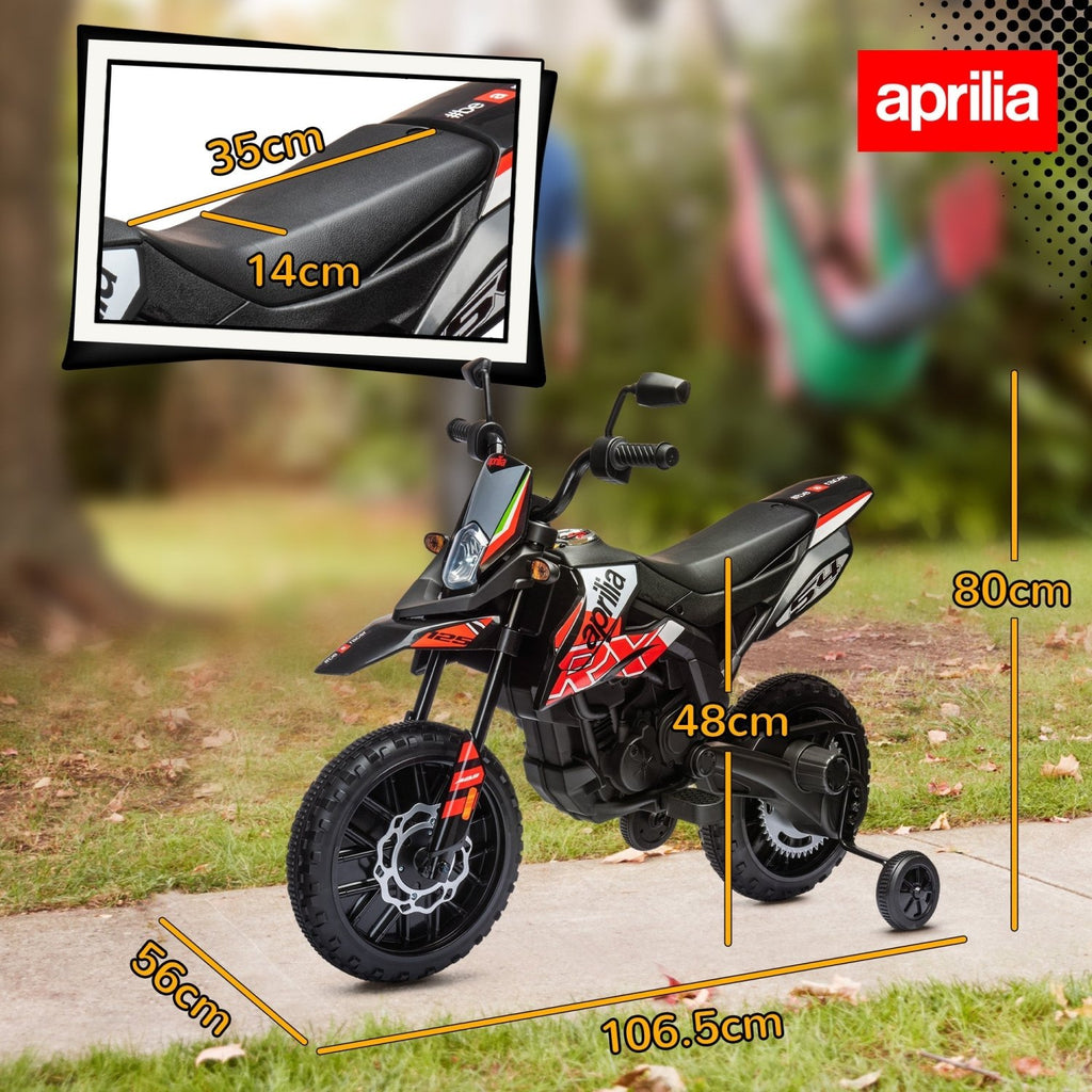 AIYAPLAY 12V Aprilia Licenced Kids Motorbike with Training Wheels, Spring Suspension, LED Light, USB, Music, Red - SGP Garden Ltd