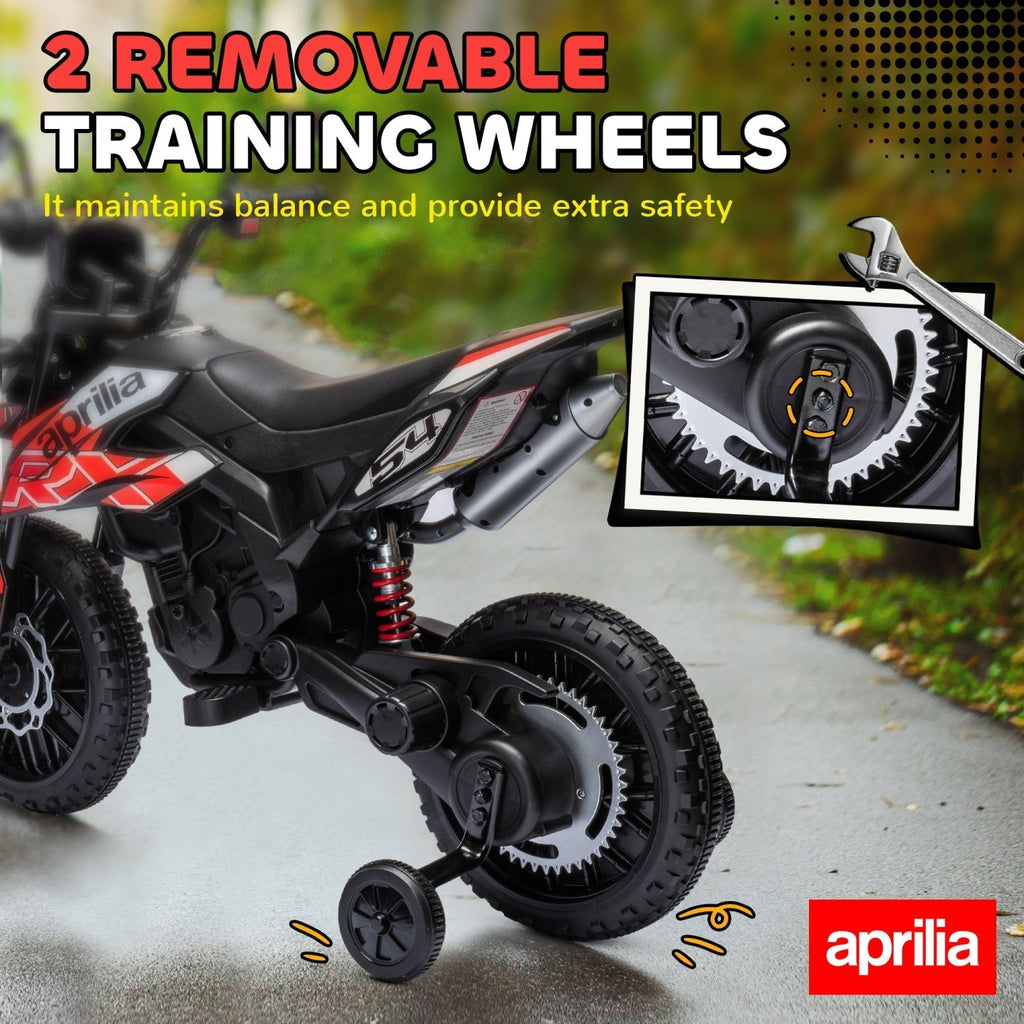 AIYAPLAY 12V Aprilia Licenced Kids Motorbike with Training Wheels, Spring Suspension, LED Light, USB, Music, Red - SGP Garden Ltd
