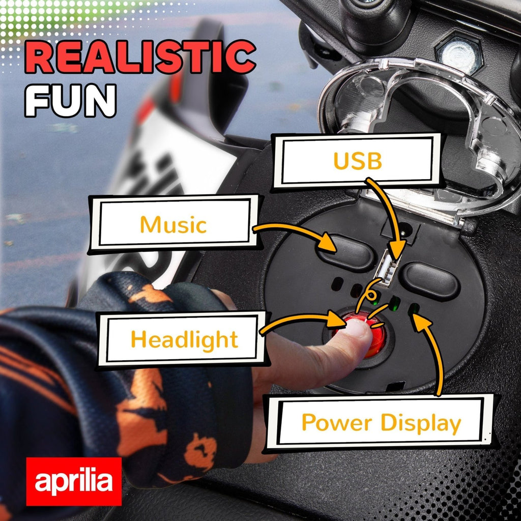 AIYAPLAY 12V Aprilia Licenced Kids Motorbike with Training Wheels, Spring Suspension, LED Light, USB, Music, Red - SGP Garden Ltd