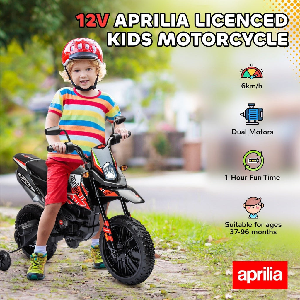 AIYAPLAY 12V Aprilia Licenced Kids Motorbike with Training Wheels, Spring Suspension, LED Light, USB, Music, Red - SGP Garden Ltd