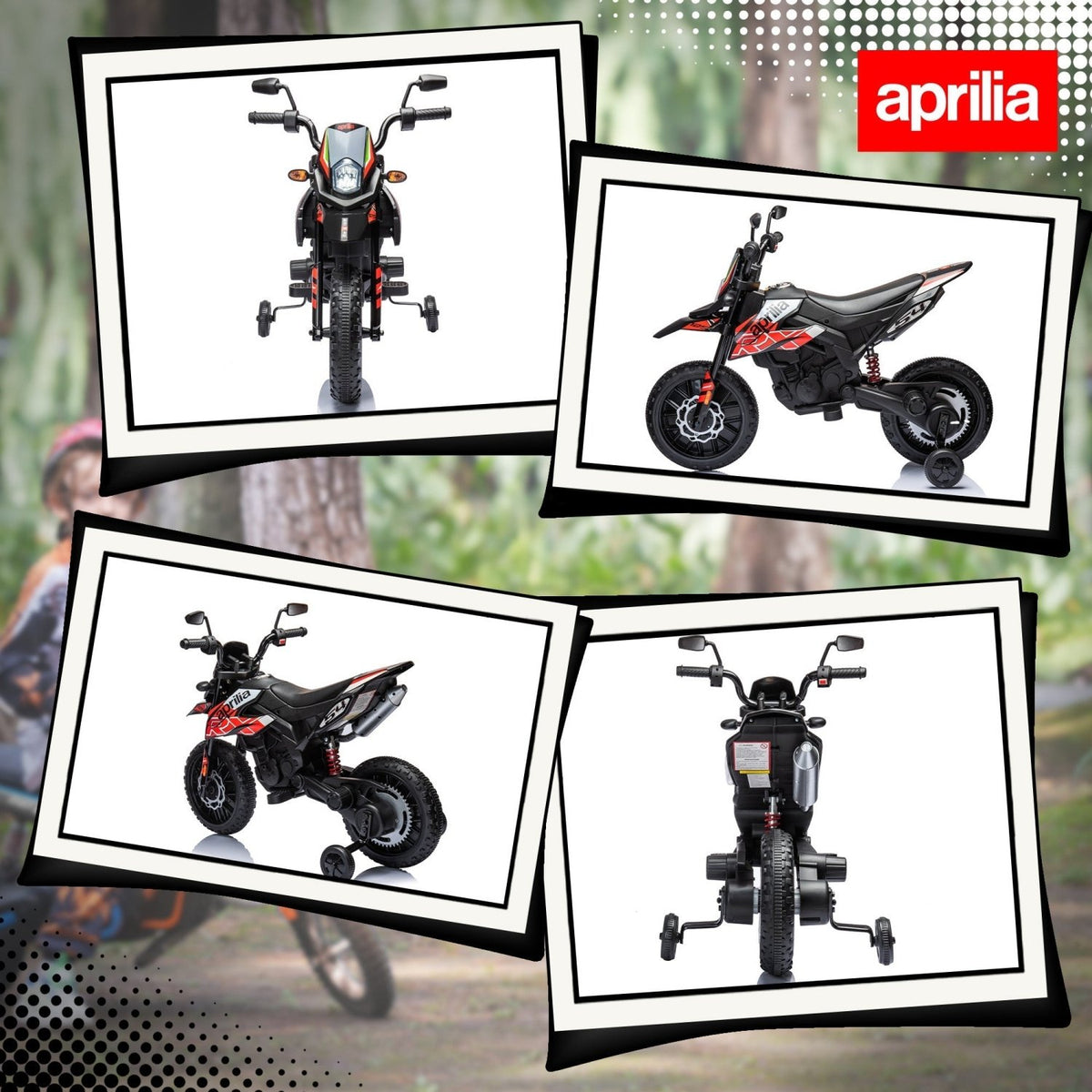 AIYAPLAY 12V Aprilia Licenced Kids Motorbike with Training Wheels, Spring Suspension, LED Light, USB, Music, Red - SGP Garden Ltd