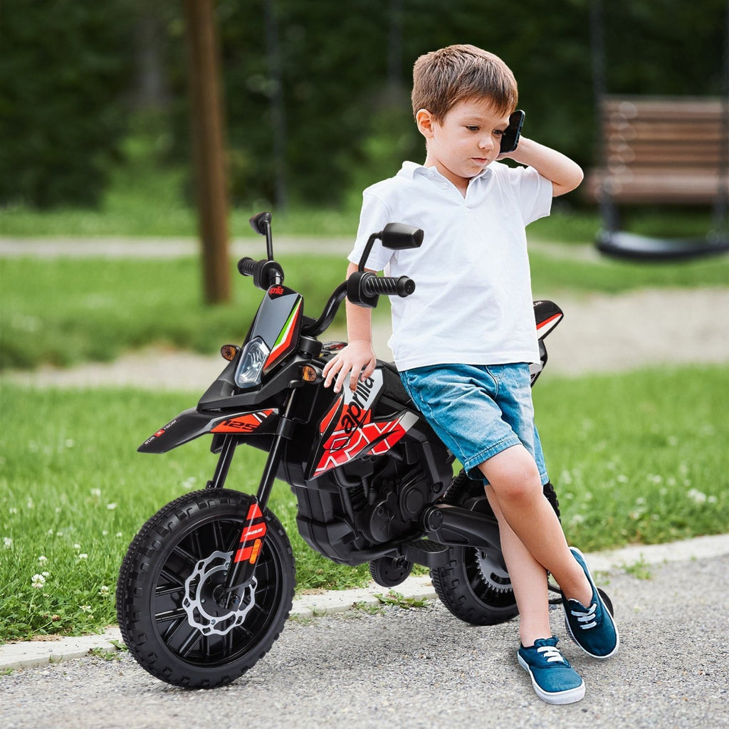 AIYAPLAY 12V Aprilia Licenced Kids Motorbike with Training Wheels, Spring Suspension, LED Light, USB, Music, Red - SGP Garden Ltd