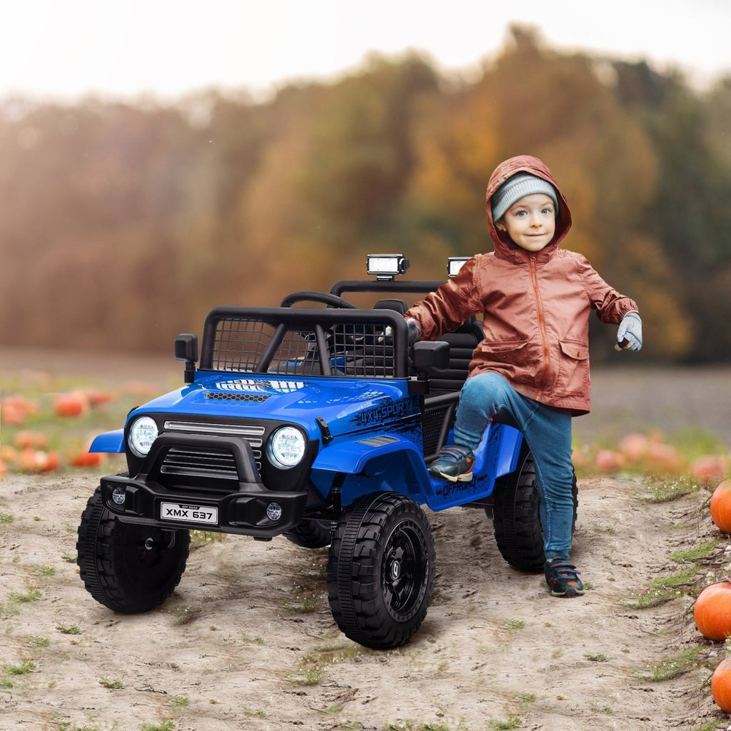 AIYAPLAY 12V Battery Powered Kids Ride-On Car, Electric Truck w/ Spring Suspension, Remote, Music, Horn, Lights, Blue - SGP Garden Ltd