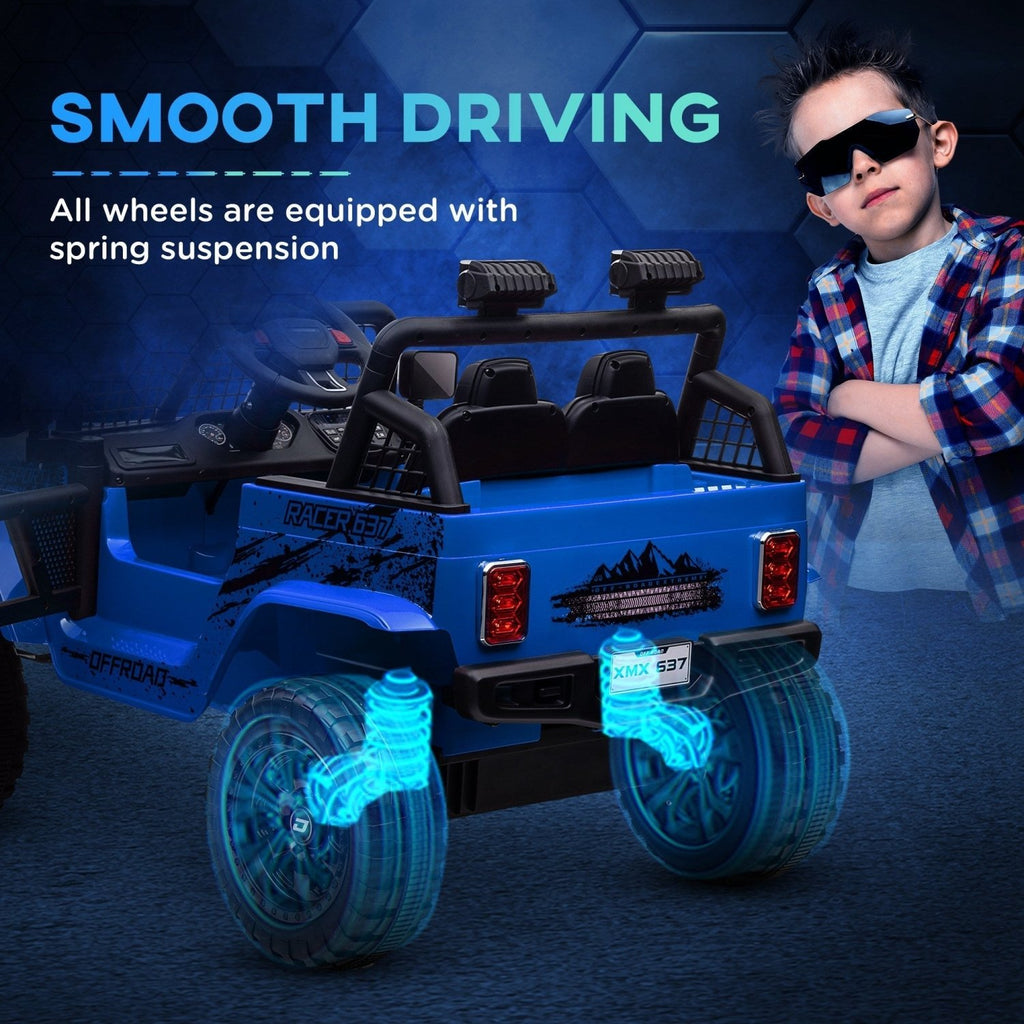 AIYAPLAY 12V Battery Powered Kids Ride-On Car, Electric Truck w/ Spring Suspension, Remote, Music, Horn, Lights, Blue - SGP Garden Ltd