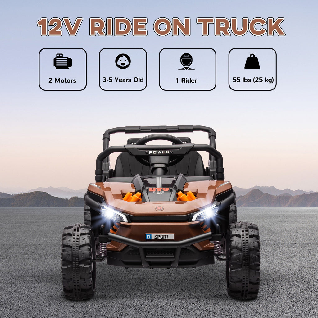 AIYAPLAY 12V Battery Powered Ride on Truck w/ Remote, Four Suspension Wheels, Horn, Lights, Music, USB, for Ages 3-5 Years, Brown - SGP Garden Ltd
