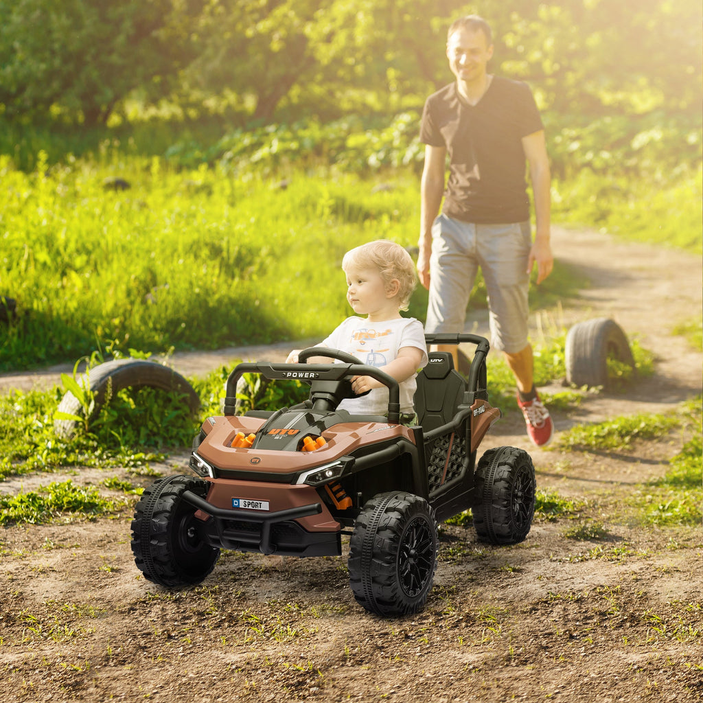 AIYAPLAY 12V Battery Powered Ride on Truck w/ Remote, Four Suspension Wheels, Horn, Lights, Music, USB, for Ages 3-5 Years, Brown - SGP Garden Ltd
