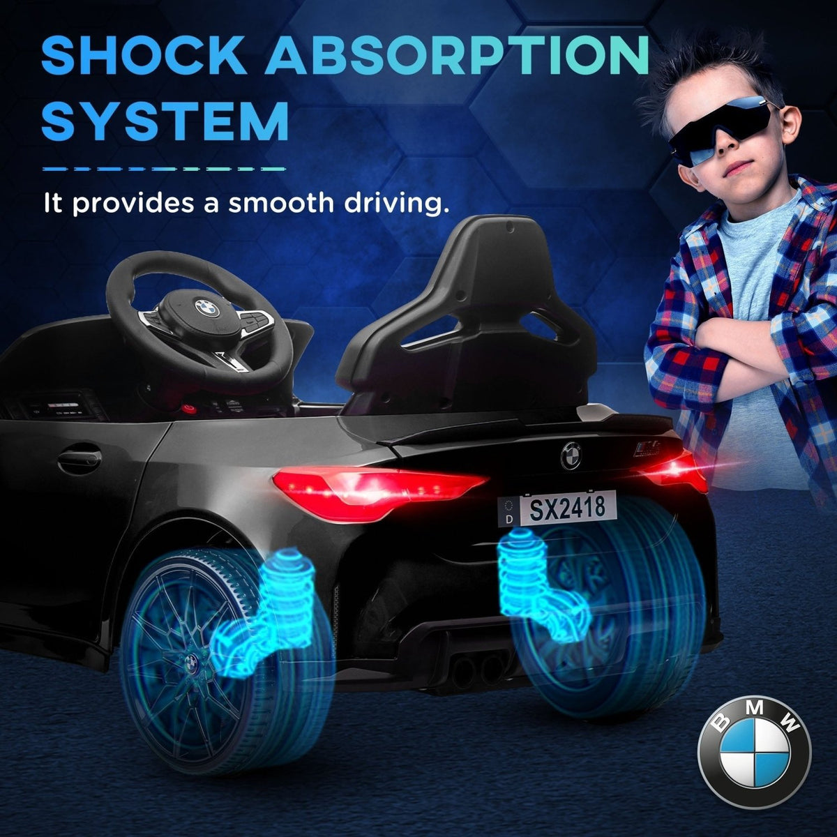 AIYAPLAY 12V BMW Licensed Kids Car, with Easy Transport, Remote Control, Suspension, Music, Horn, LED Lights, Black - SGP Garden Ltd