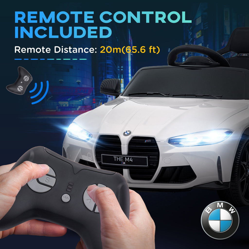 AIYAPLAY 12V BMW Licensed Kids Car, with Easy Transport, Remote Control, Suspension, Music, Horn, LED Lights, White - SGP Garden Ltd