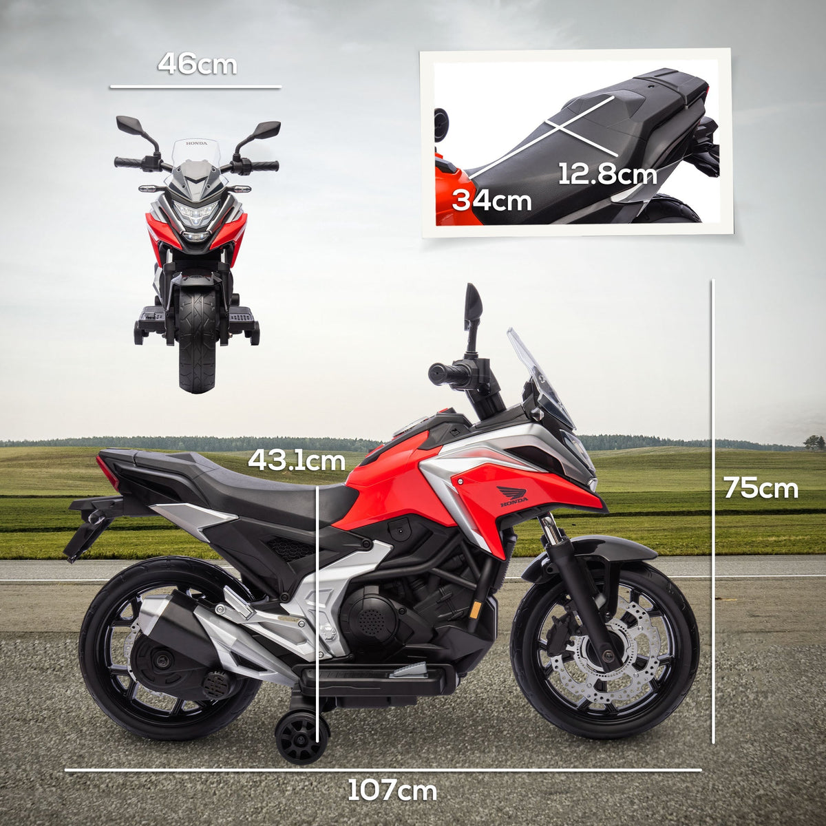 AIYAPLAY 12V Honda Licensed Kids Electric Motorbike w/ Music, Headlights, Early Education Function, for Ages 3-6 Years, Red - SGP Garden Ltd