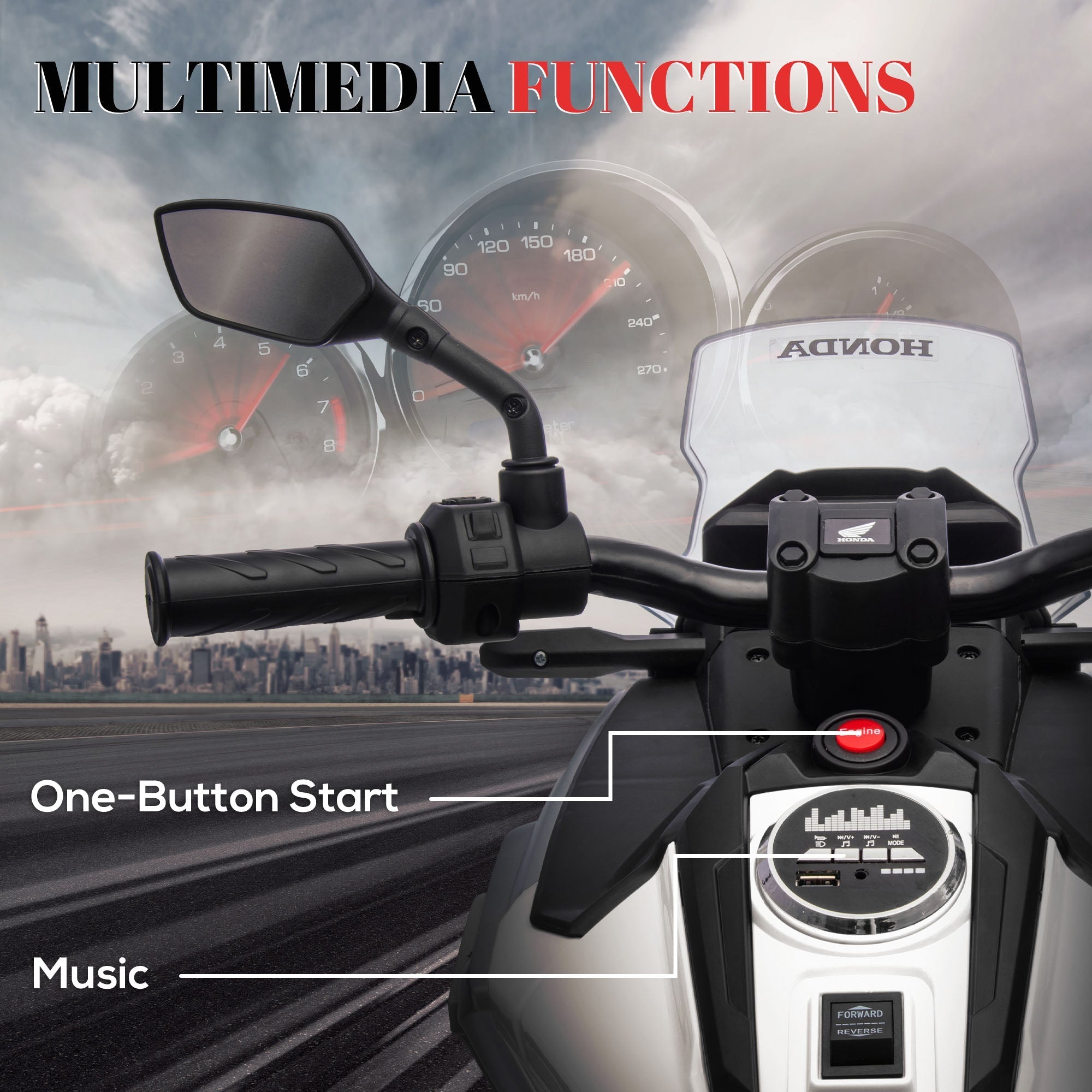 AIYAPLAY 12V Honda Licensed Kids Electric Motorbike w/ Music, Headlights, Early Education Function, for Ages 3-6 Years, White - SGP Garden Ltd