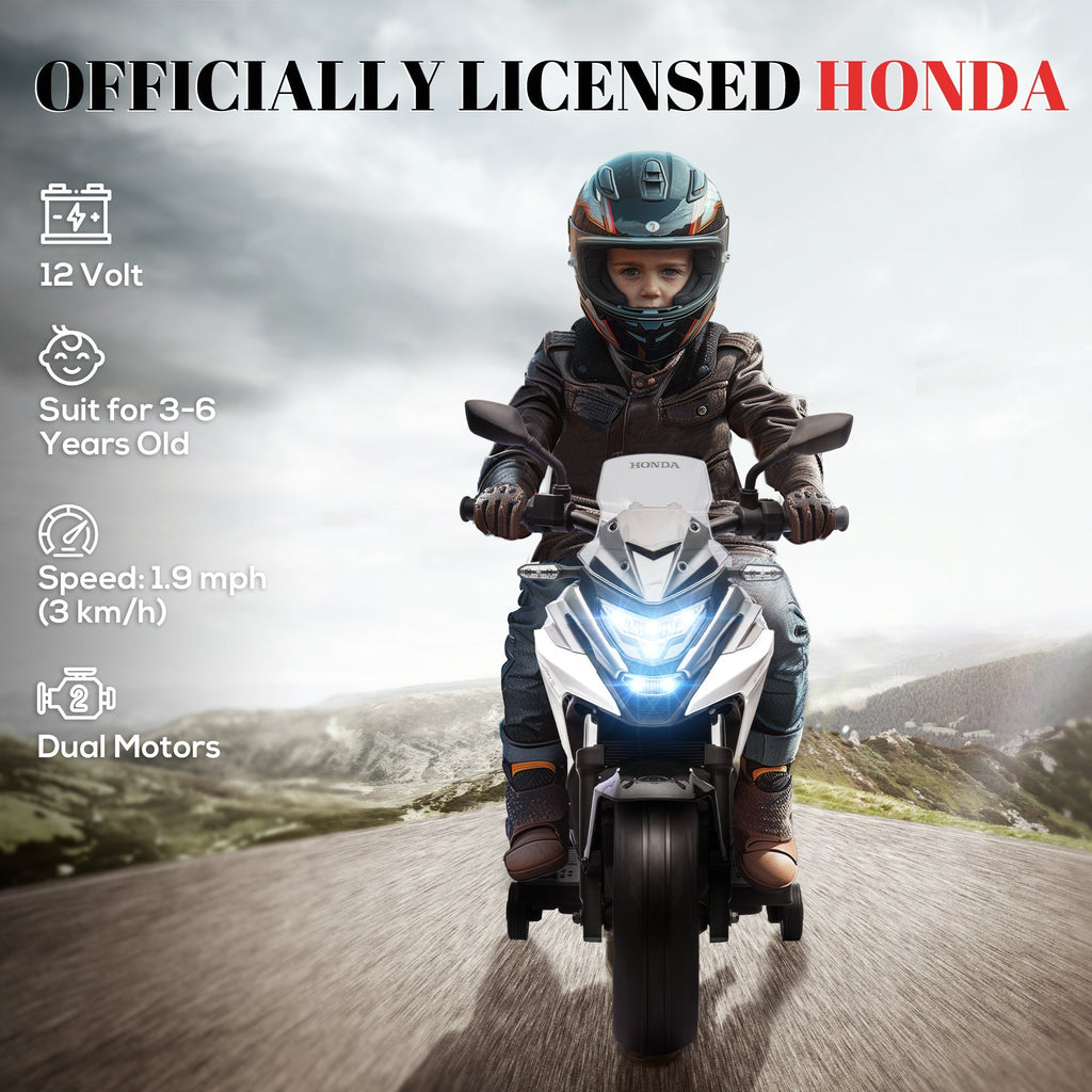 AIYAPLAY 12V Honda Licensed Kids Electric Motorbike w/ Music, Headlights, Early Education Function, for Ages 3-6 Years, White - SGP Garden Ltd