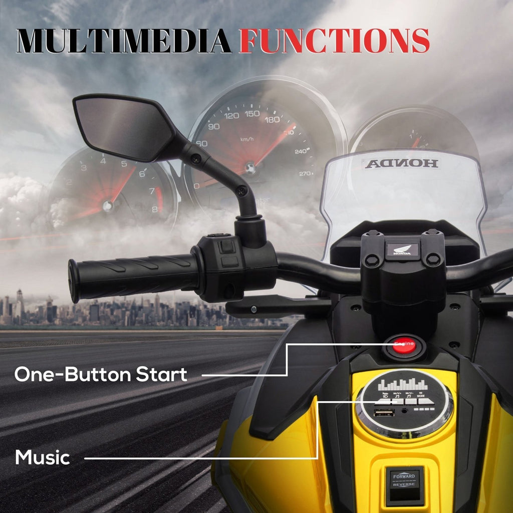 AIYAPLAY 12V Honda Licensed Kids Electric Motorbike w/ Music, Headlights, Early Education Function, for Ages 3-6 Years, Yellow - SGP Garden Ltd