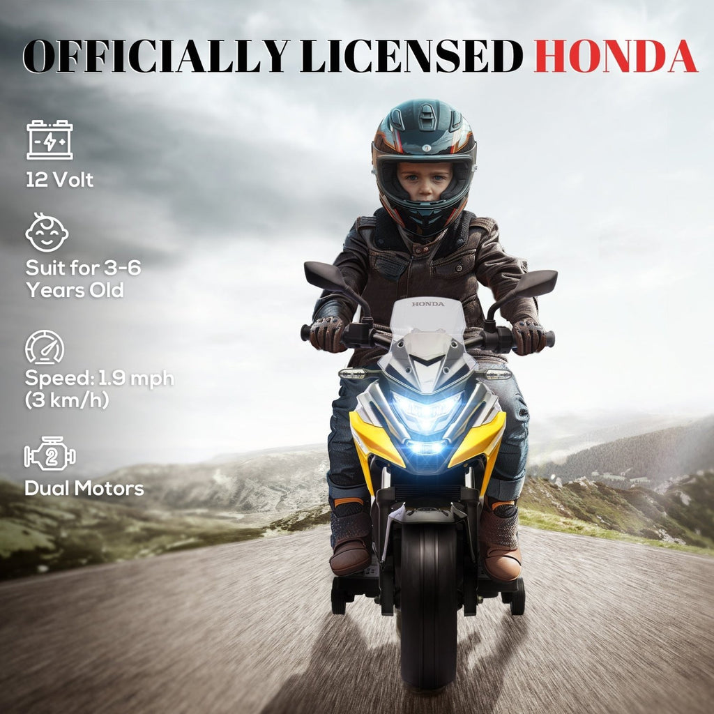 AIYAPLAY 12V Honda Licensed Kids Electric Motorbike w/ Music, Headlights, Early Education Function, for Ages 3-6 Years, Yellow - SGP Garden Ltd
