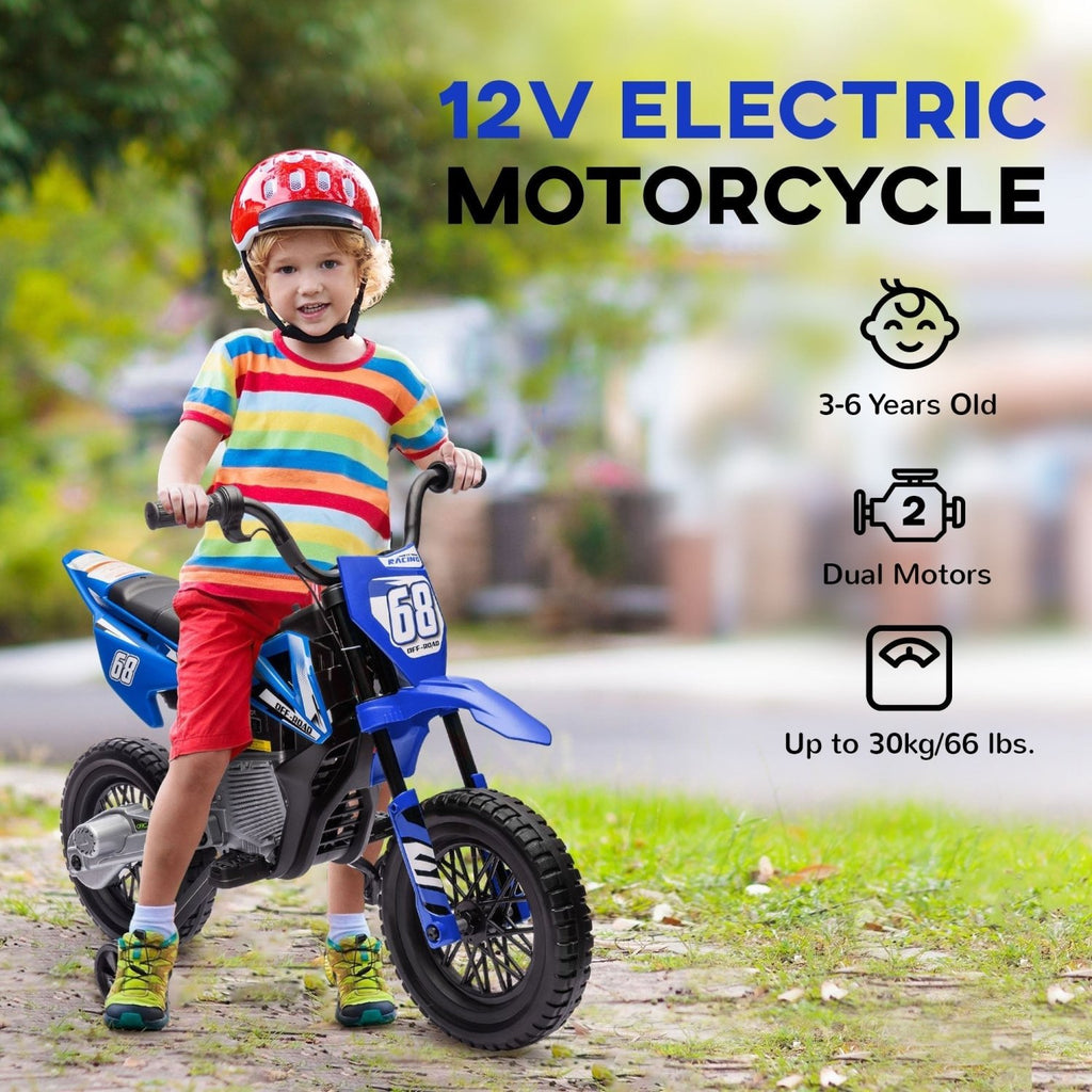 AIYAPLAY 12V Kids Electric Motorbike, Kids Electric Ride on motorcycle w/ Twist Grip Throttle, Training Wheels, Blue - SGP Garden Ltd