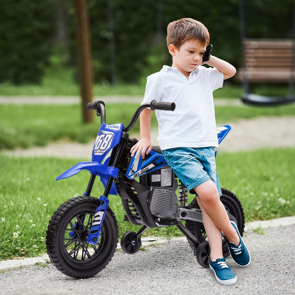 AIYAPLAY 12V Kids Electric Motorbike, Kids Electric Ride on motorcycle w/ Twist Grip Throttle, Training Wheels, Blue - SGP Garden Ltd