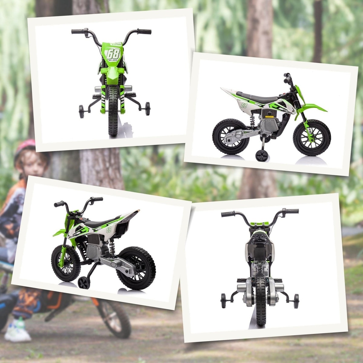 AIYAPLAY 12V Kids Electric Motorbike, Kids Electric Ride on motorcycle w/ Twist Grip Throttle, Training Wheels, Green - SGP Garden Ltd
