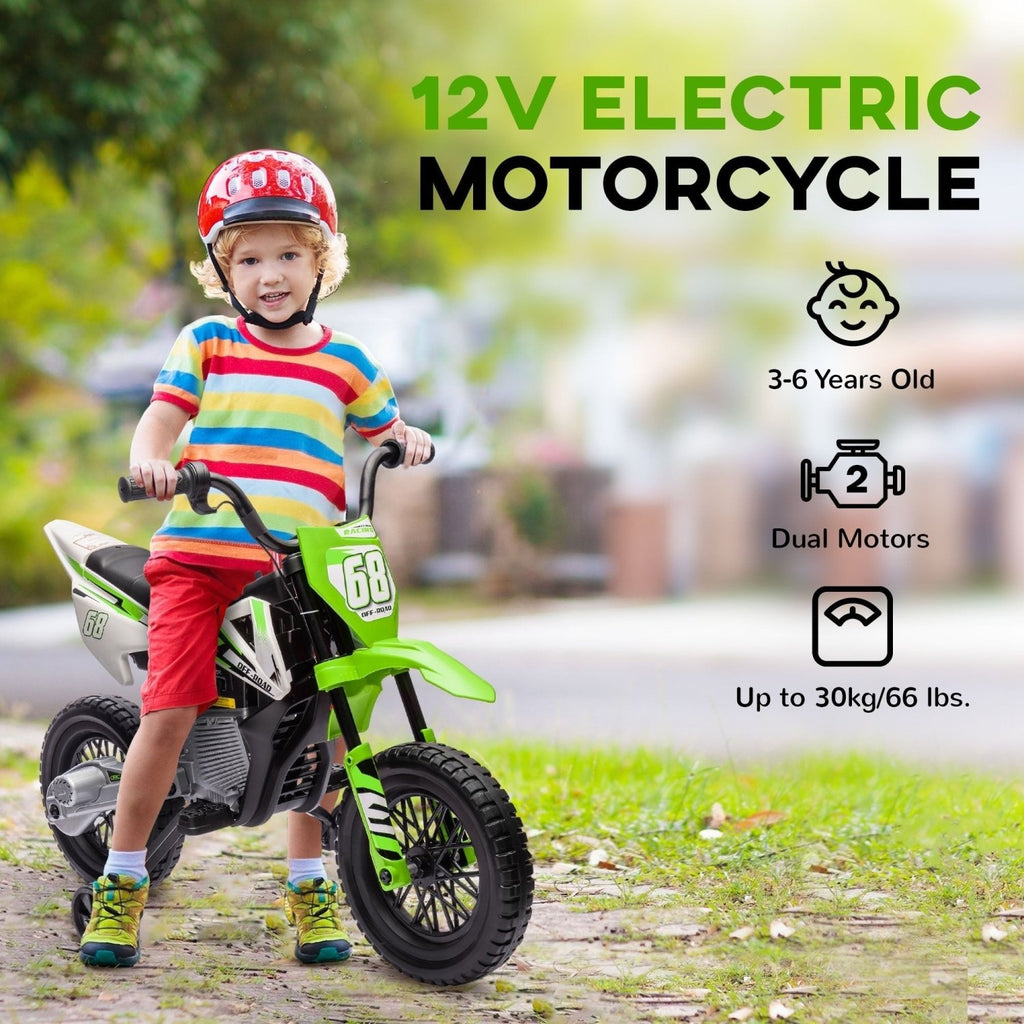 AIYAPLAY 12V Kids Electric Motorbike, Kids Electric Ride on motorcycle w/ Twist Grip Throttle, Training Wheels, Green - SGP Garden Ltd