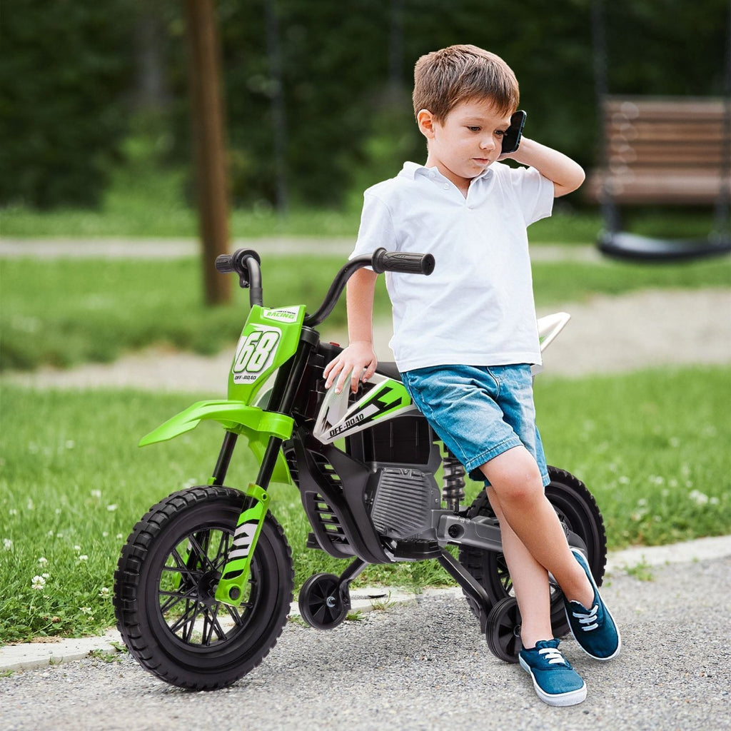 AIYAPLAY 12V Kids Electric Motorbike, Kids Electric Ride on motorcycle w/ Twist Grip Throttle, Training Wheels, Green - SGP Garden Ltd