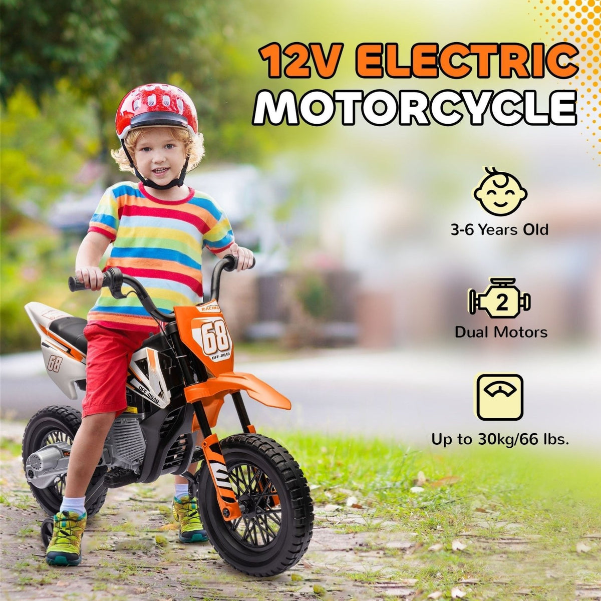 AIYAPLAY 12V Kids Electric Motorbike, Kids Electric Ride on motorcycle w/ Twist Grip Throttle, Training Wheels, Orange - SGP Garden Ltd