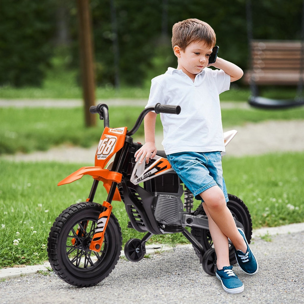 AIYAPLAY 12V Kids Electric Motorbike, Kids Electric Ride on motorcycle w/ Twist Grip Throttle, Training Wheels, Orange - SGP Garden Ltd