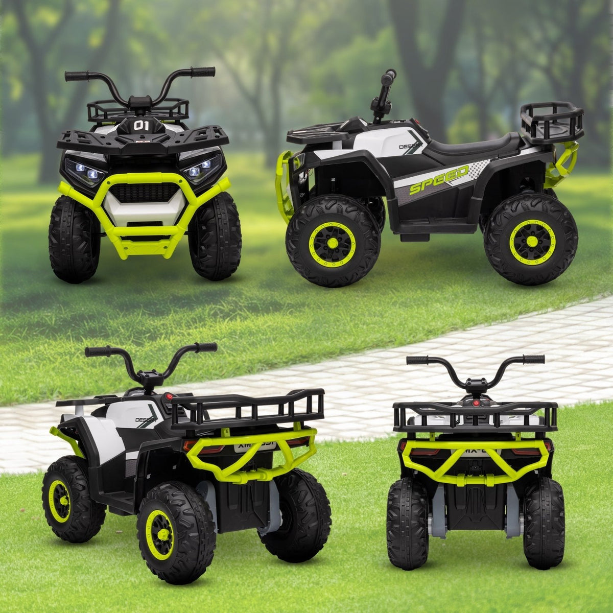 AIYAPLAY 12V Kids Electric Ride on ATV, Battery Powered Quad Bike w/ Spring Suspension, Forward Backward, Storage Basket - Green - SGP Garden Ltd