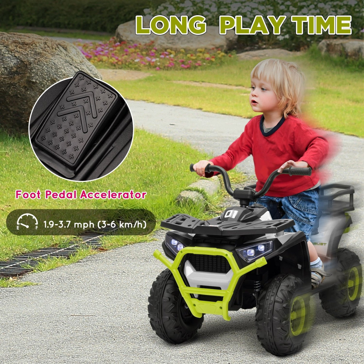 AIYAPLAY 12V Kids Electric Ride on ATV, Battery Powered Quad Bike w/ Spring Suspension, Forward Backward, Storage Basket - Green - SGP Garden Ltd