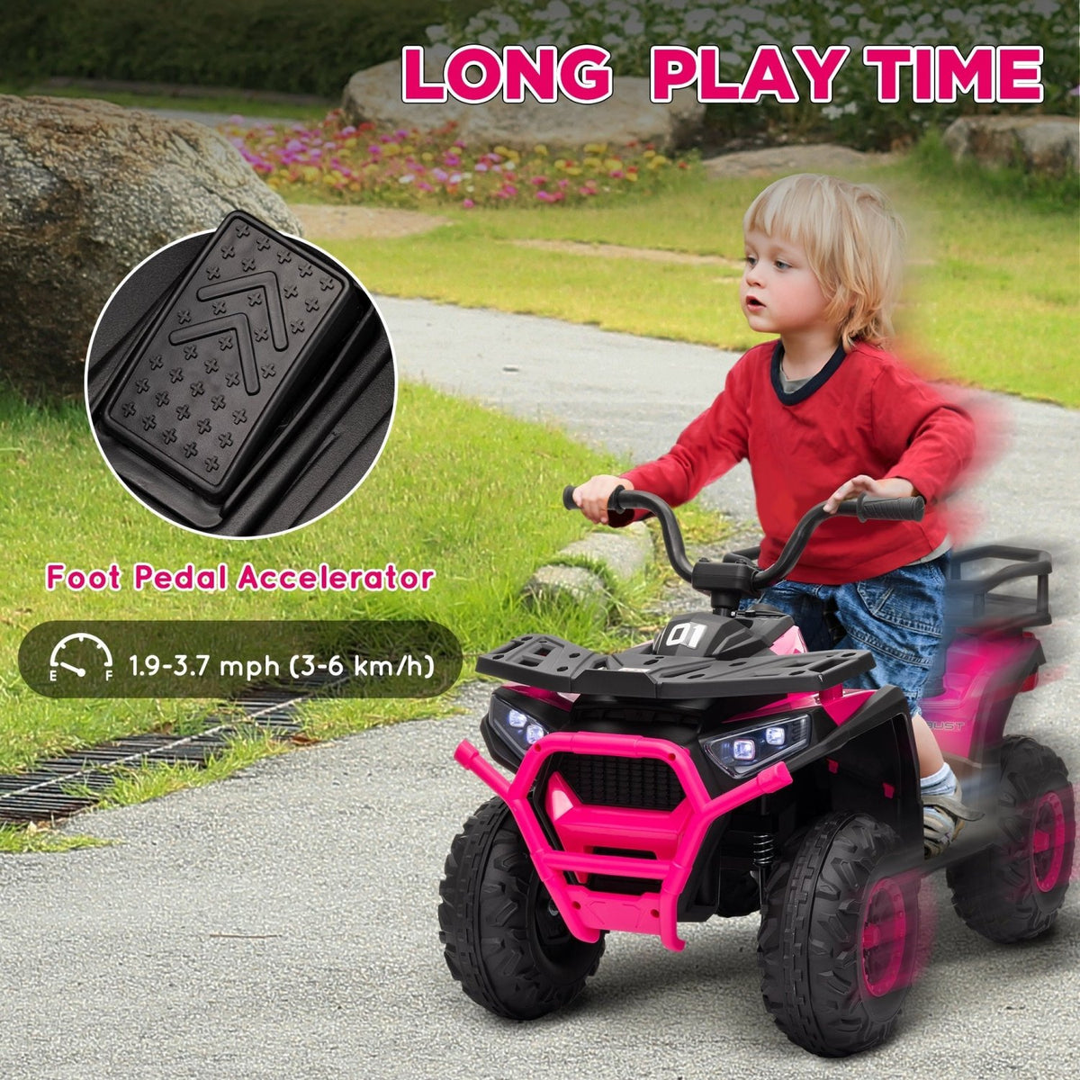 AIYAPLAY 12V Kids Electric Ride on ATV, Battery Powered Quad Bike w/ Spring Suspension, Forward Backward, Storage Basket - Pink - SGP Garden Ltd