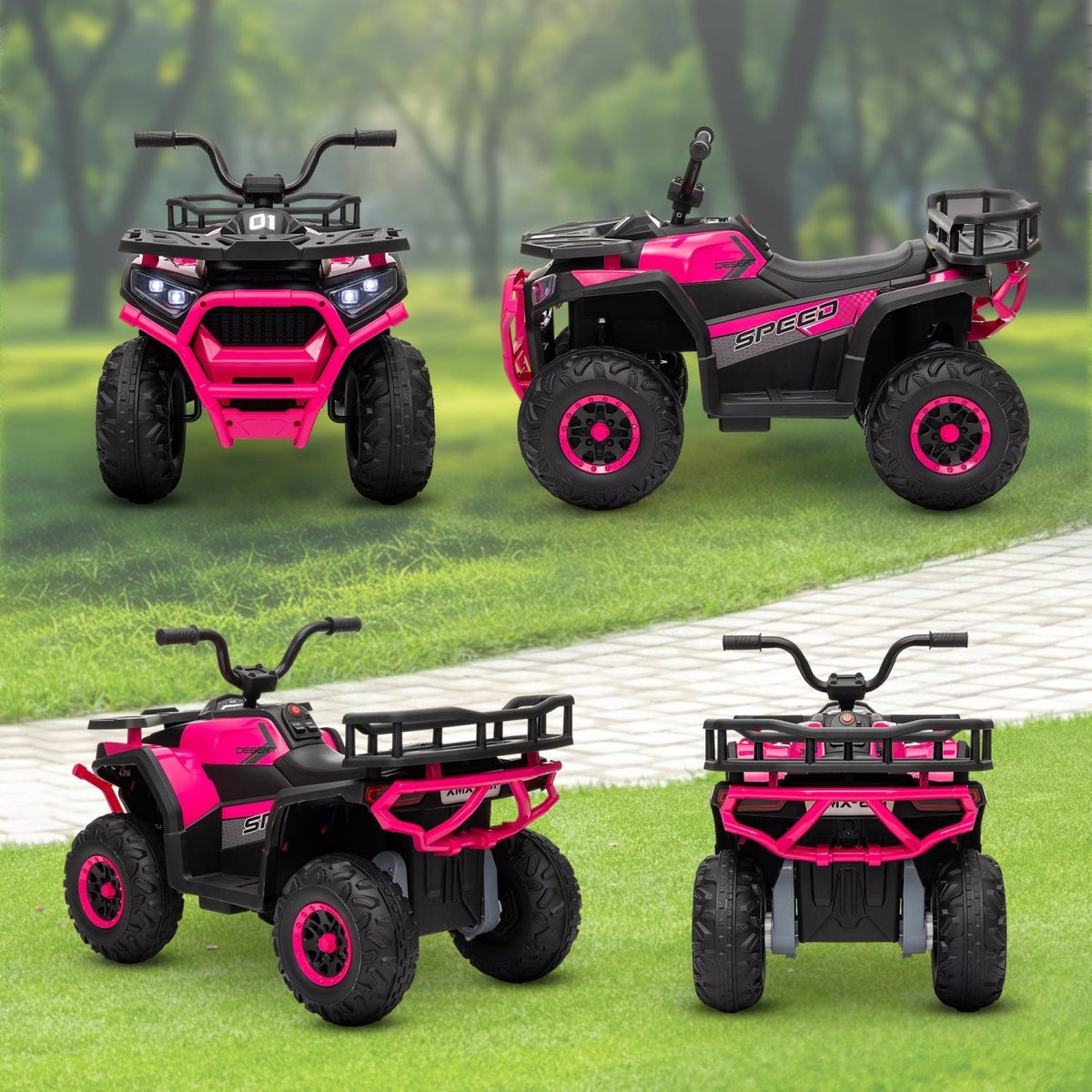 AIYAPLAY 12V Kids Electric Ride on ATV, Battery Powered Quad Bike w/ Spring Suspension, Forward Backward, Storage Basket - Pink - SGP Garden Ltd