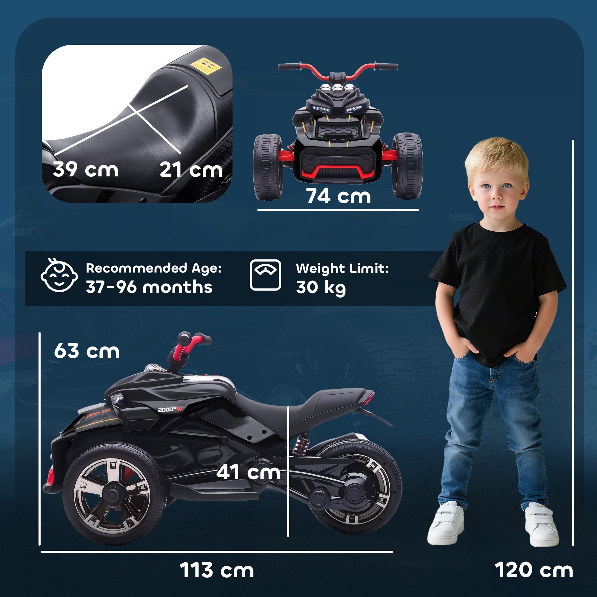 AIYAPLAY 12V Kids Electric Ride On Car with 3 Wheeler, MP3 Player, Horn, 2 Speeds, LED Lights for Boys & Girls Ages 3-8, Black - SGP Garden Ltd