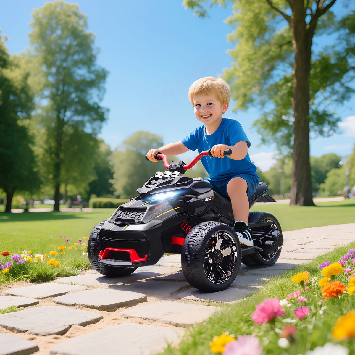 AIYAPLAY 12V Kids Electric Ride On Car with 3 Wheeler, MP3 Player, Horn, 2 Speeds, LED Lights for Boys & Girls Ages 3-8, Black - SGP Garden Ltd