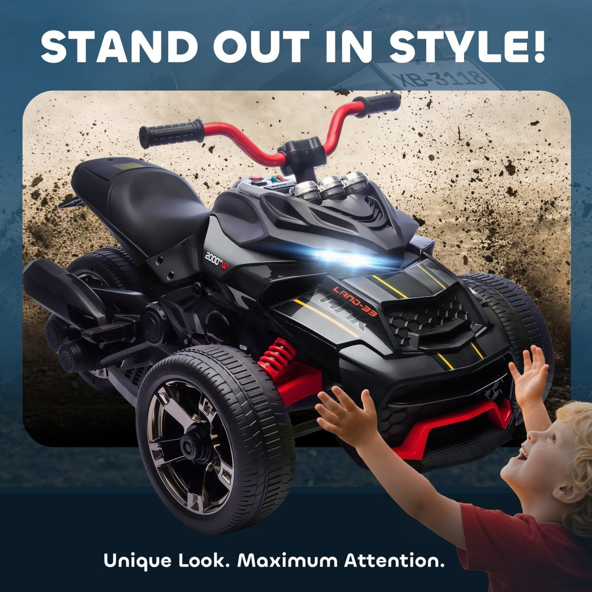 AIYAPLAY 12V Kids Electric Ride On Car with 3 Wheeler, MP3 Player, Horn, 2 Speeds, LED Lights for Boys & Girls Ages 3-8, Black - SGP Garden Ltd