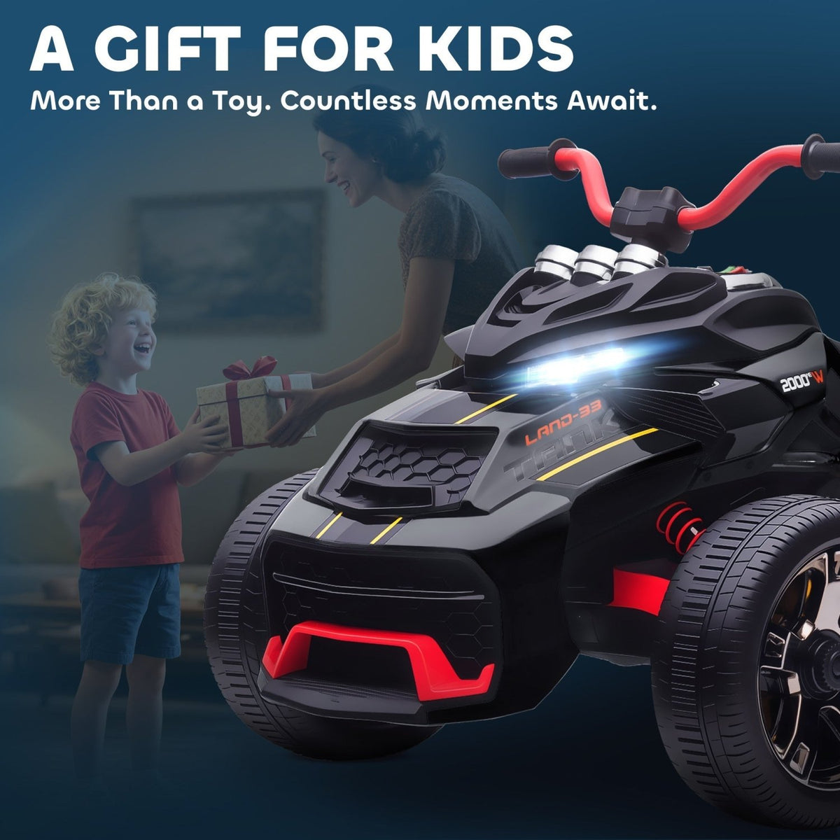 AIYAPLAY 12V Kids Electric Ride On Car with 3 Wheeler, MP3 Player, Horn, 2 Speeds, LED Lights for Boys & Girls Ages 3-8, Black - SGP Garden Ltd