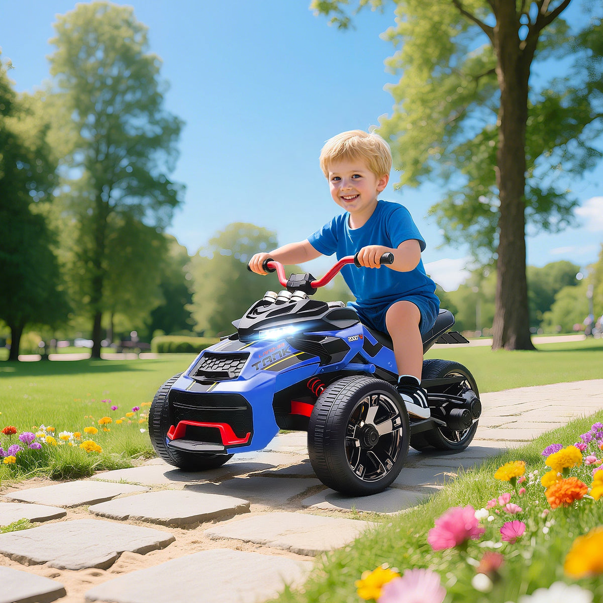 AIYAPLAY 12V Kids Electric Ride On Car with 3 Wheeler, MP3 Player, Horn, 2 Speeds, LED Lights for Boys & Girls Ages 3-8, Blue - SGP Garden Ltd