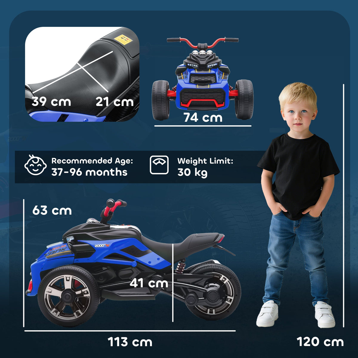 AIYAPLAY 12V Kids Electric Ride On Car with 3 Wheeler, MP3 Player, Horn, 2 Speeds, LED Lights for Boys & Girls Ages 3-8, Blue - SGP Garden Ltd