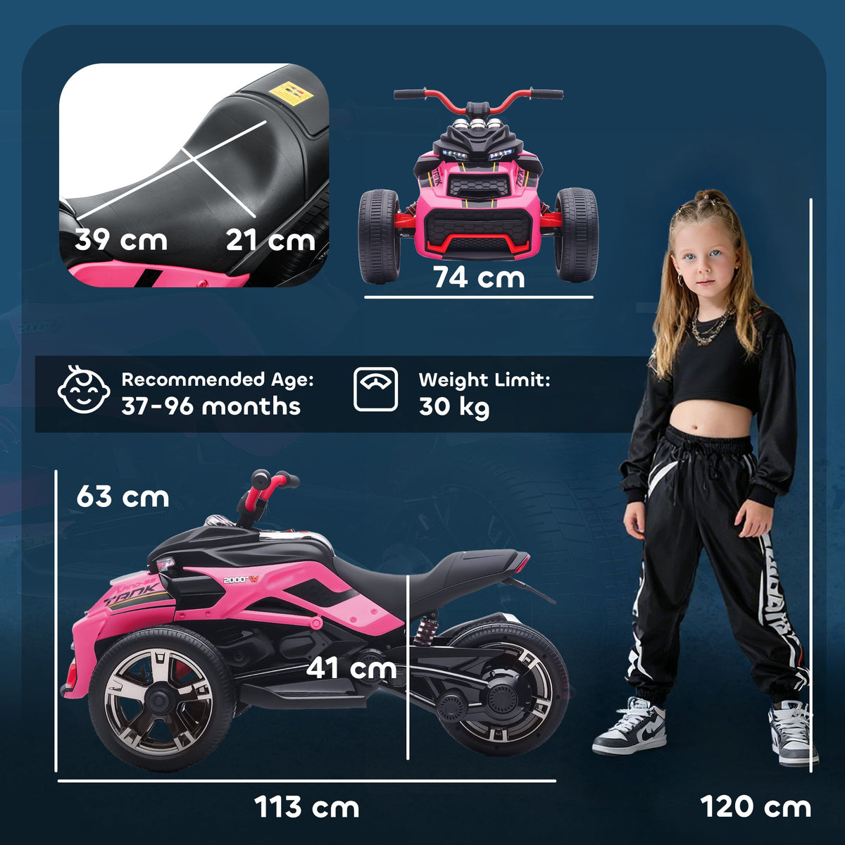 AIYAPLAY 12V Kids Electric Ride On Car with 3 Wheeler, MP3 Player, Horn, 2 Speeds, LED Lights for Boys & Girls Ages 3-8, Pink - SGP Garden Ltd