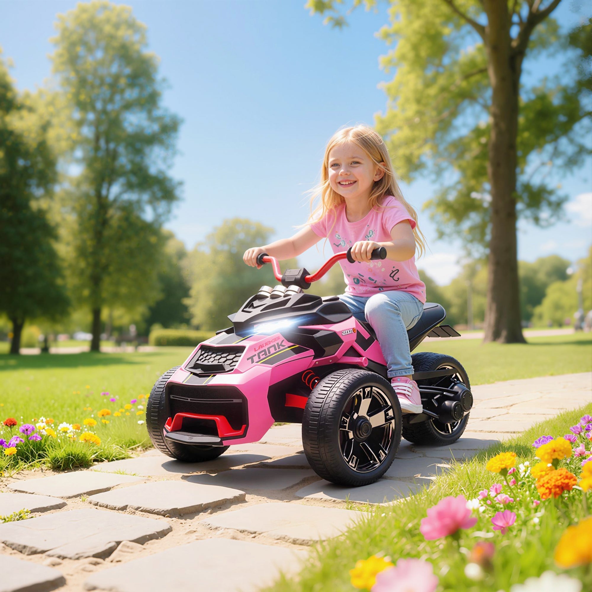 AIYAPLAY 12V Kids Electric Ride On Car with 3 Wheeler, MP3 Player, Horn, 2 Speeds, LED Lights for Boys & Girls Ages 3-8, Pink - SGP Garden Ltd