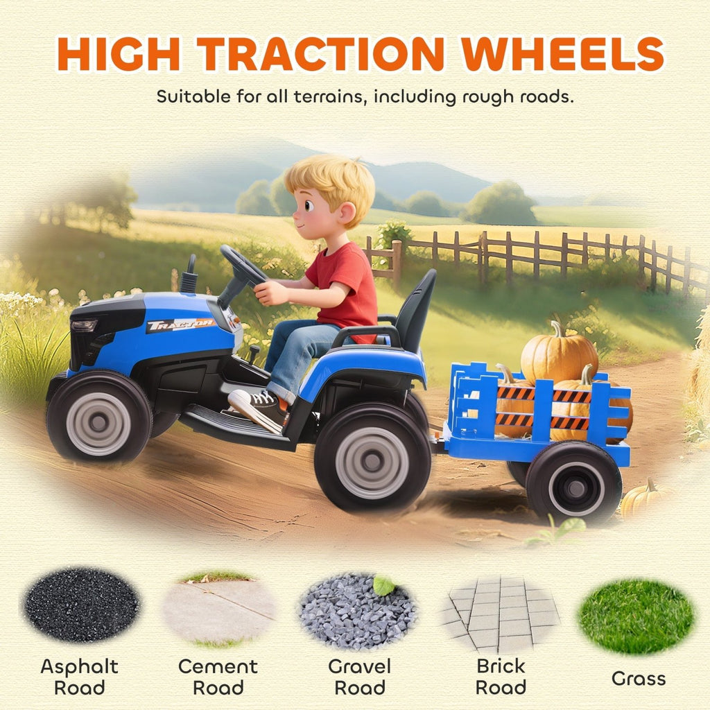AIYAPLAY 12V Ride on Tractor and Trailer with Remote Control, Music, Shifter, Start-Up Sound, for Kids Ages 3-8 Years, Blue - SGP Garden Ltd