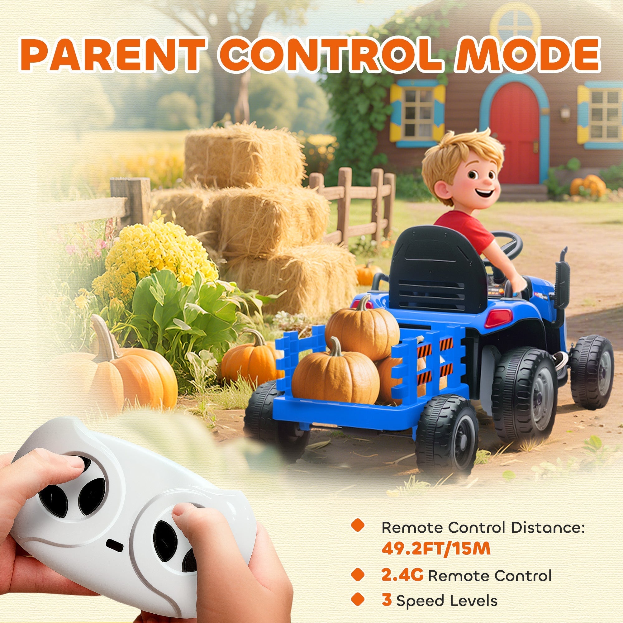 AIYAPLAY 12V Ride on Tractor and Trailer with Remote Control, Music, Shifter, Start-Up Sound, for Kids Ages 3-8 Years, Blue - SGP Garden Ltd