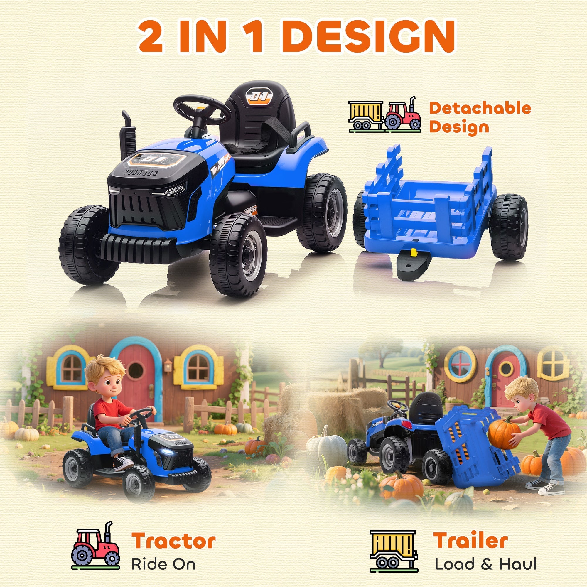 AIYAPLAY 12V Ride on Tractor and Trailer with Remote Control, Music, Shifter, Start-Up Sound, for Kids Ages 3-8 Years, Blue - SGP Garden Ltd
