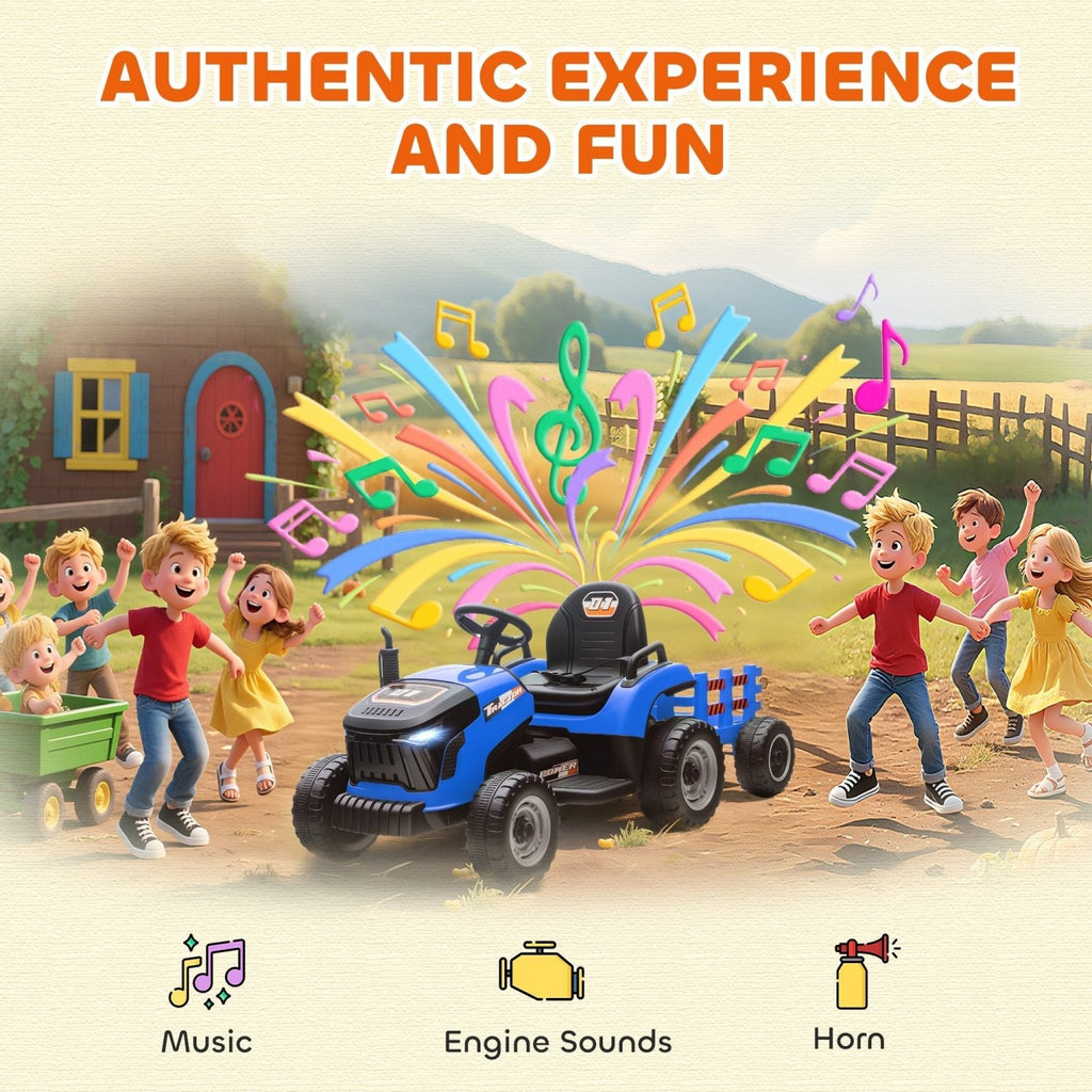 AIYAPLAY 12V Ride on Tractor and Trailer with Remote Control, Music, Shifter, Start-Up Sound, for Kids Ages 3-8 Years, Blue - SGP Garden Ltd