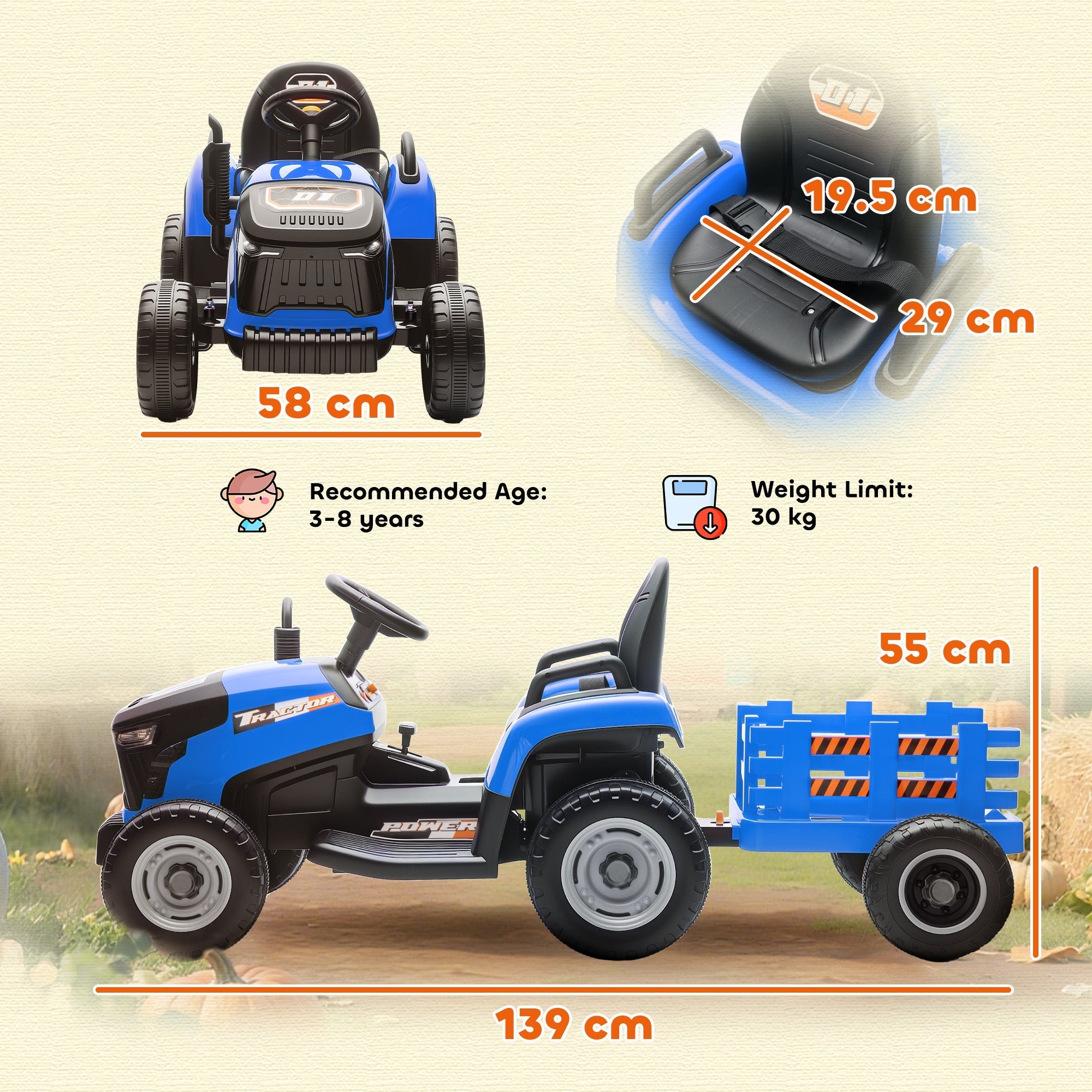 AIYAPLAY 12V Ride on Tractor and Trailer with Remote Control, Music, Shifter, Start-Up Sound, for Kids Ages 3-8 Years, Blue - SGP Garden Ltd