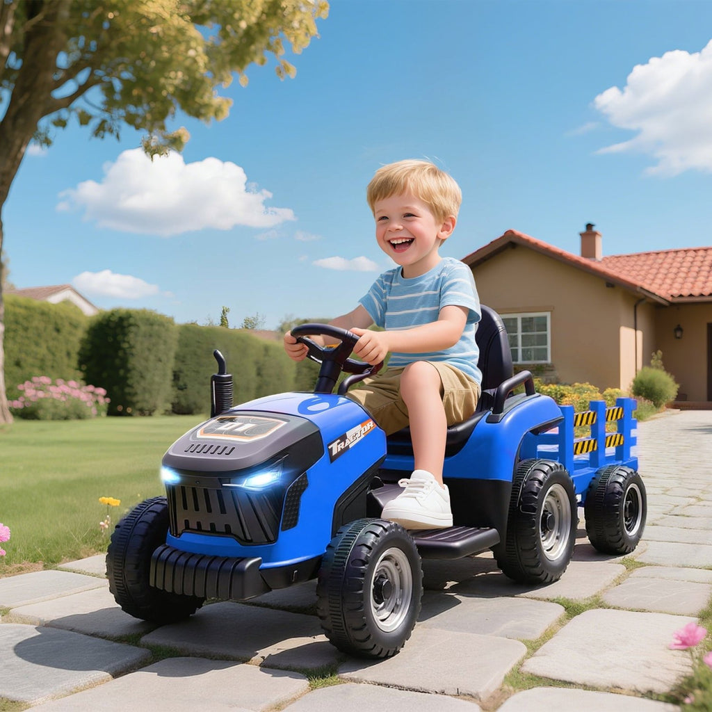 AIYAPLAY 12V Ride on Tractor and Trailer with Remote Control, Music, Shifter, Start-Up Sound, for Kids Ages 3-8 Years, Blue - SGP Garden Ltd