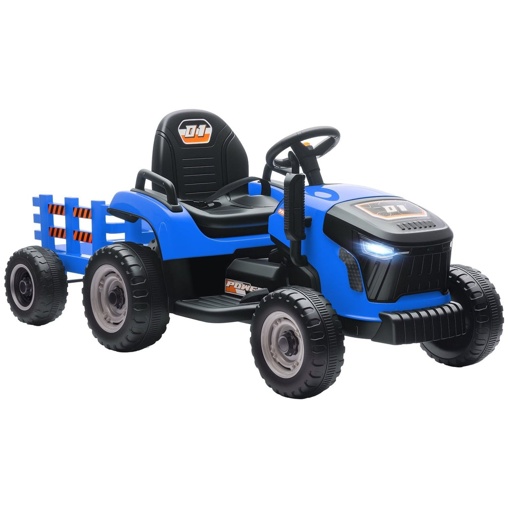 AIYAPLAY 12V Ride on Tractor and Trailer with Remote Control, Music, Shifter, Start-Up Sound, for Kids Ages 3-8 Years, Blue - SGP Garden Ltd