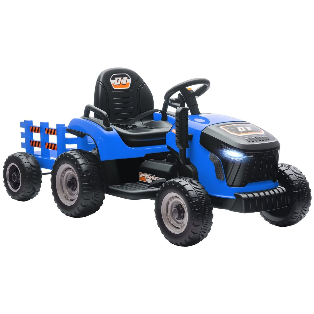 AIYAPLAY 12V Ride on Tractor and Trailer with Remote Control, Music, Shifter, Start-Up Sound, for Kids Ages 3-8 Years, Blue - SGP Garden Ltd