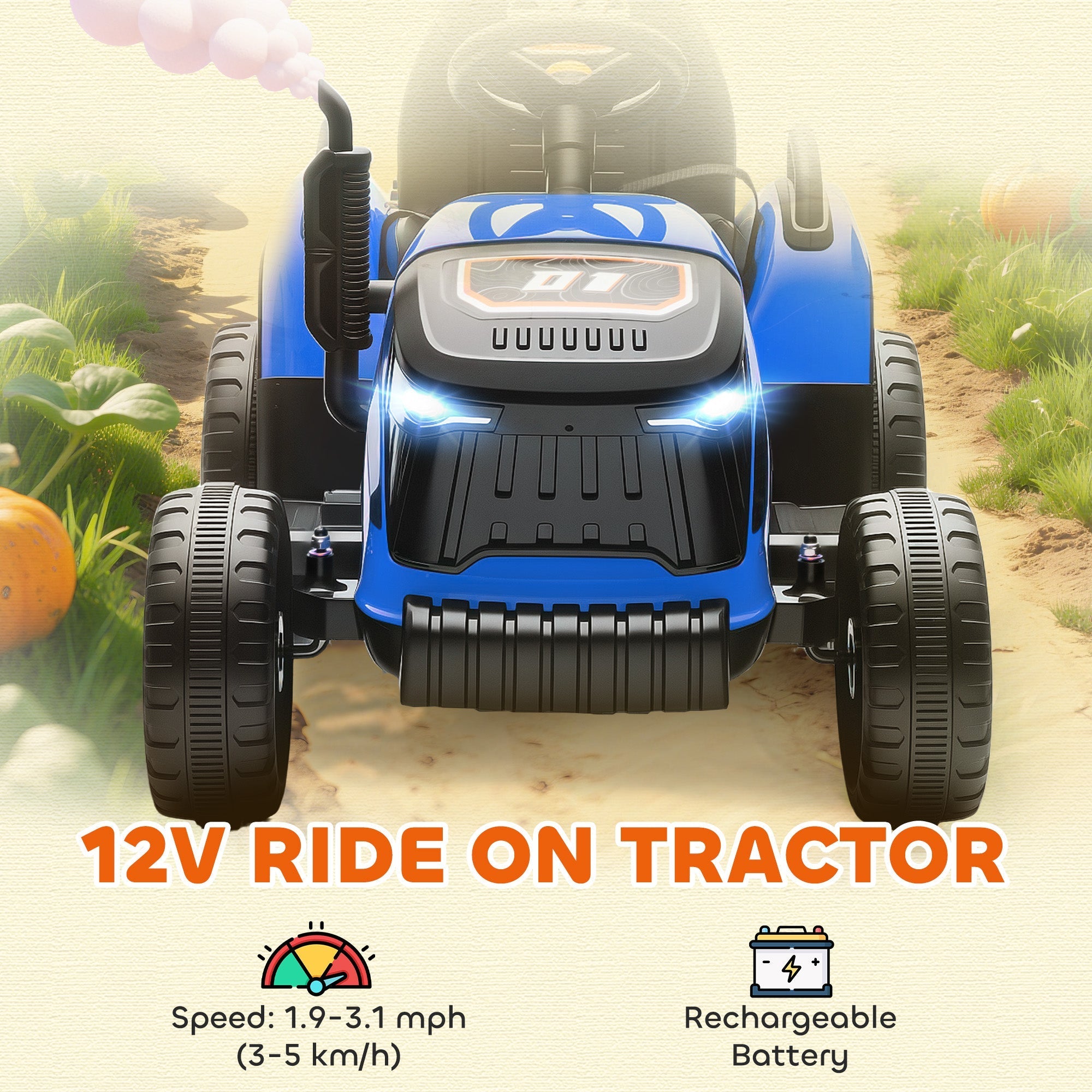 AIYAPLAY 12V Ride on Tractor and Trailer with Remote Control, Music, Shifter, Start-Up Sound, for Kids Ages 3-8 Years, Blue - SGP Garden Ltd