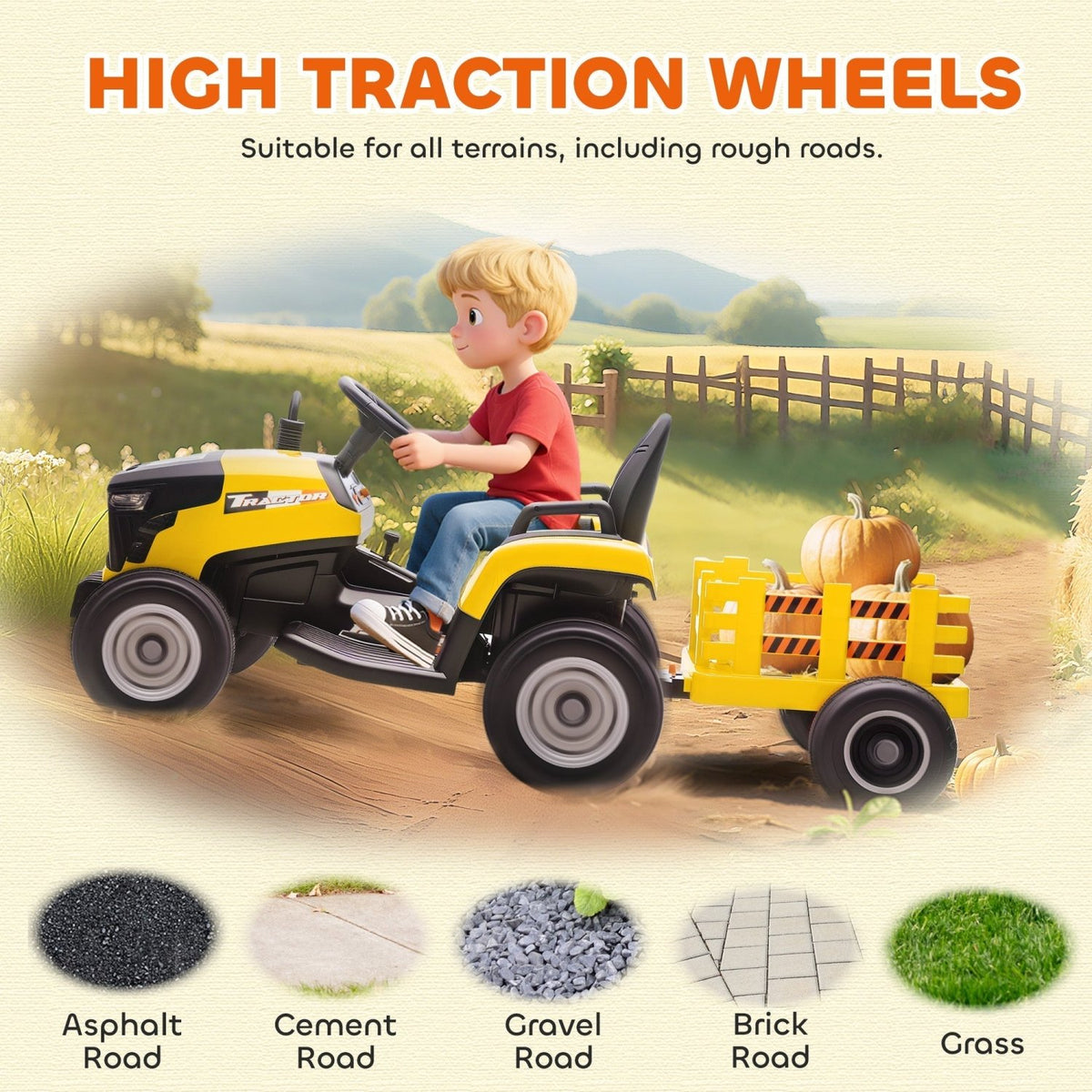 AIYAPLAY 12V Ride on Tractor and Trailer with Remote Control, Music, Shifter, Start-Up Sound, for Kids Ages 3-8 Years, Yellow - SGP Garden Ltd