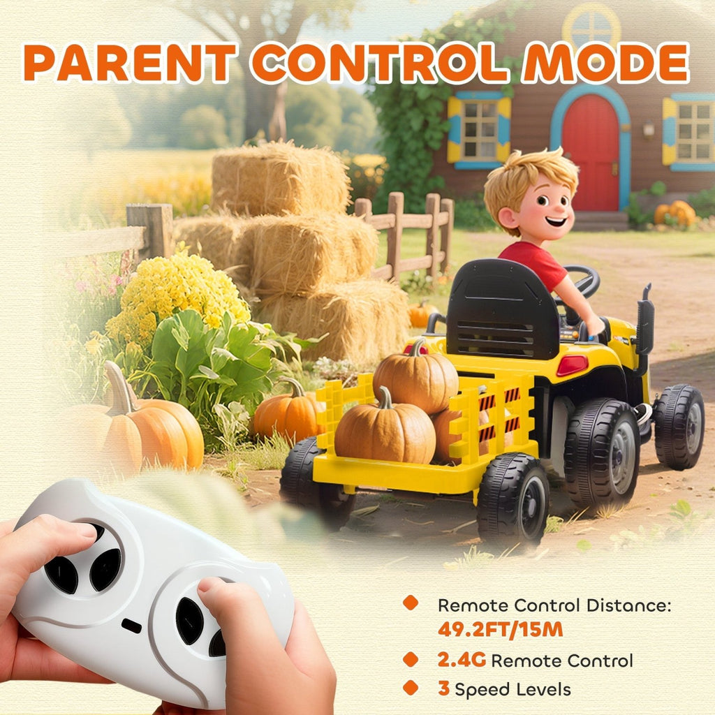 AIYAPLAY 12V Ride on Tractor and Trailer with Remote Control, Music, Shifter, Start-Up Sound, for Kids Ages 3-8 Years, Yellow - SGP Garden Ltd